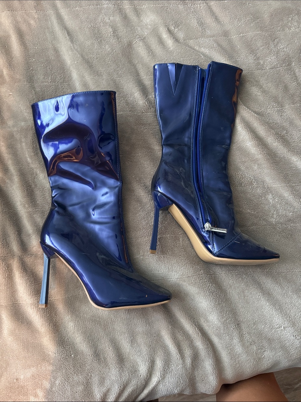 Patent Pointed-Toe Stiletto Mid-Calf Boots in Deep Navy